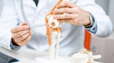 Close-up of the therapist showing knee joint model during the medical consultation